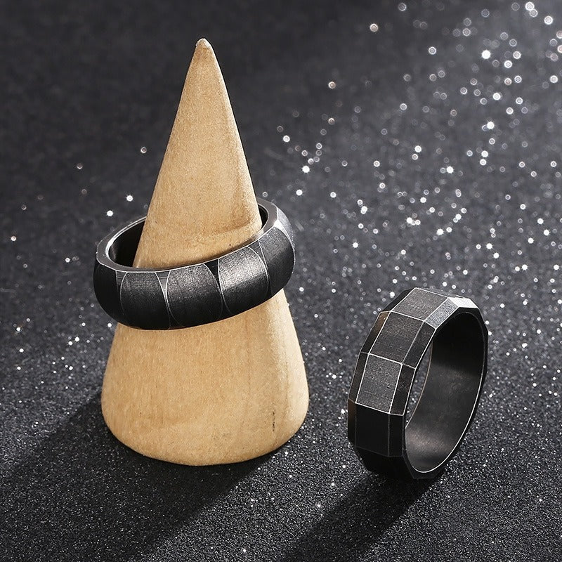 Kemstone Matte Black Gothic Ring – Titanium Steel Geometric Band for Men | Dark Vintage Street Style KR100827-KFC