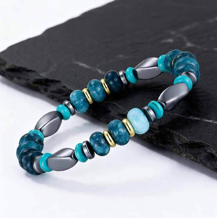 Kemstone Mixed Black Beaded Bracelet for Men Stainless Steel Spacer Stretch Chain BR-3143