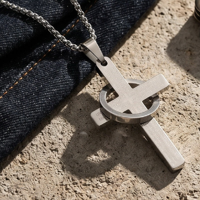 Kemstone Titanium Steel Engraved Cross Pendant for Men Vintage Ring Cross Chain KP119055-Z