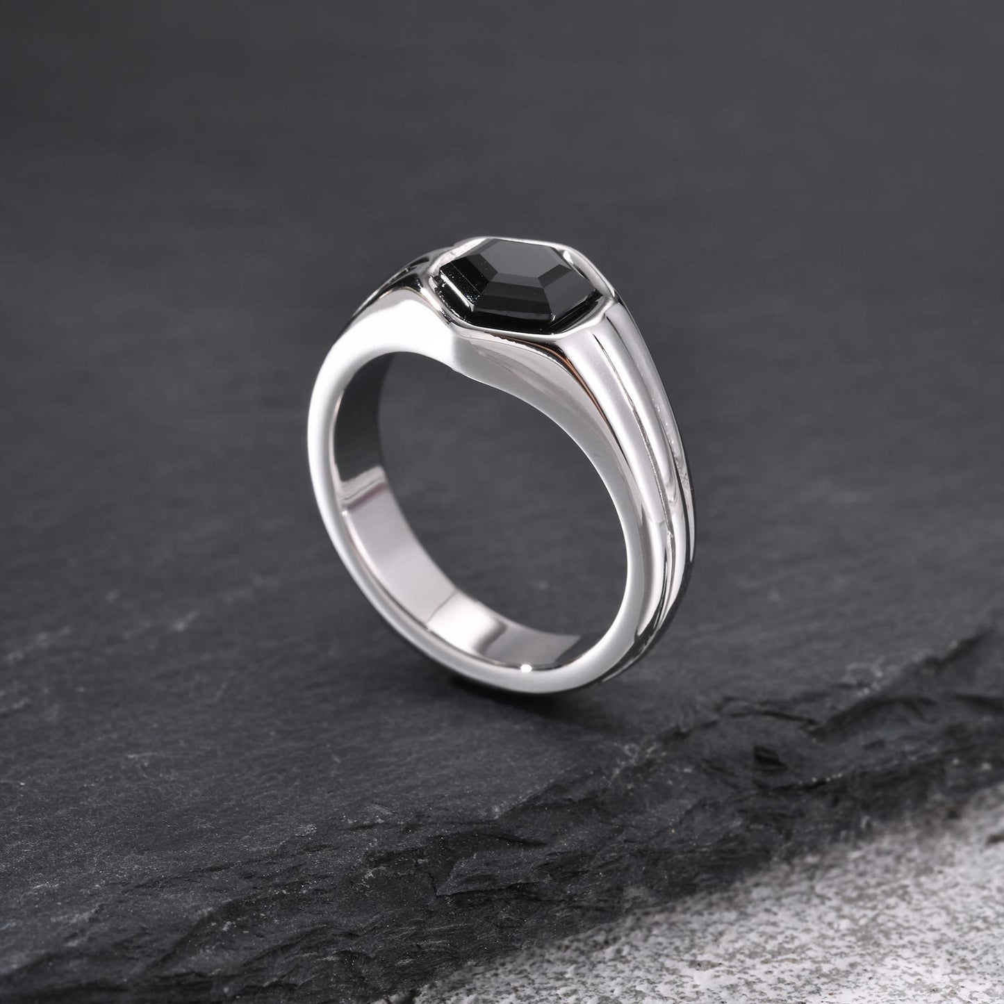 Kemstone Stainless Steel Hexagon Black Zircon Ring for Men RC-985