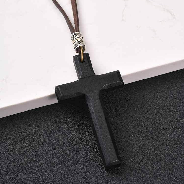 Kemston Wooden Cross Pendant Necklace for Men Adjustable Cord PN-1278