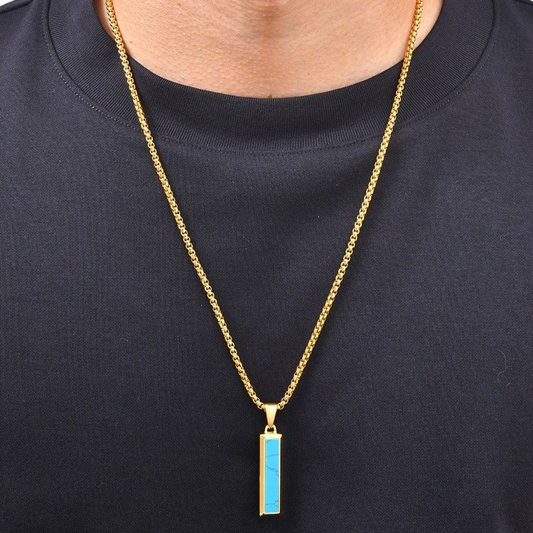 Kemstone Geometric Bar Pendant Necklace for Men Stainless Steel Tiger Eye & Turquoise Styles PN-2221