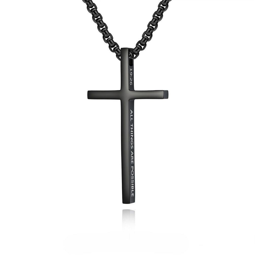 Kemstone Stainless Steel Engraved Cross Pendant Necklace for Men Minimalist Bar Chain K-PT670