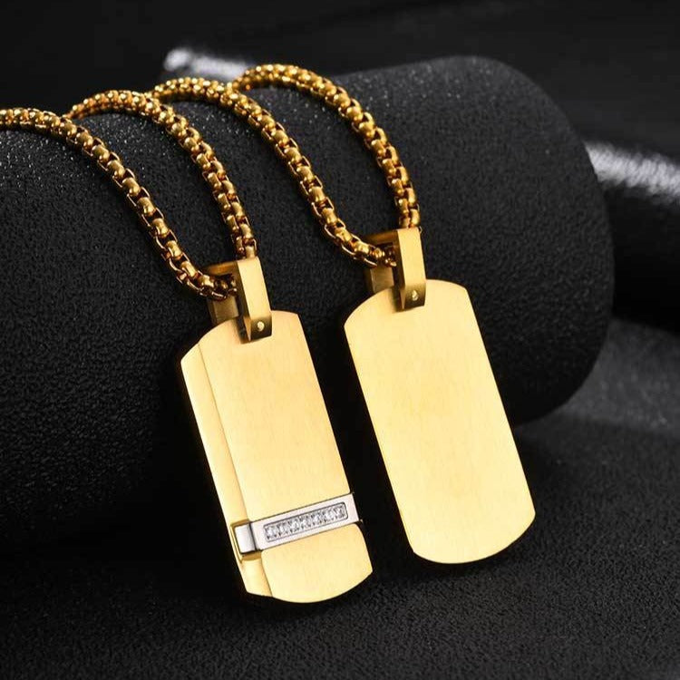 Kemstone Black Rectangular Pendant Necklace for Men Stainless Steel Cubic Zirconia Detail Punk Style PN-240