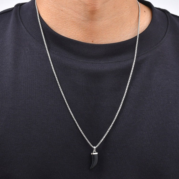 Kemstone Horn Pendant Necklace for Men & Women Stainless Steel Tiger Eye Black Agate PN-2438