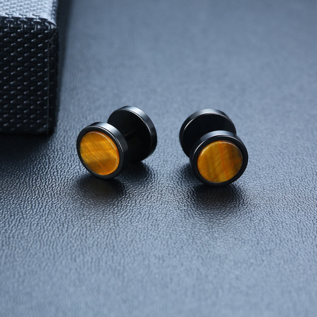 Kemstone Stud Earrings for Men Stainless Steel Round Stone Detail Black ES-302