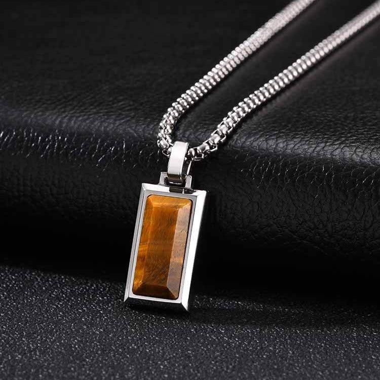 Kemston Rectangular Black Agate Pendant Necklace for Men Stainless Steel Vintage PN2379
