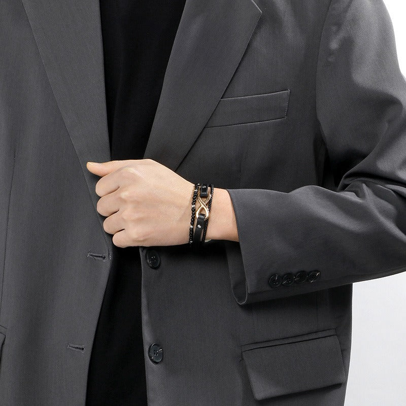 Kemstone Layered Leather Beaded Infinity Bracelet for Men Stainless Steel Clasp Wristband KB180750-JR