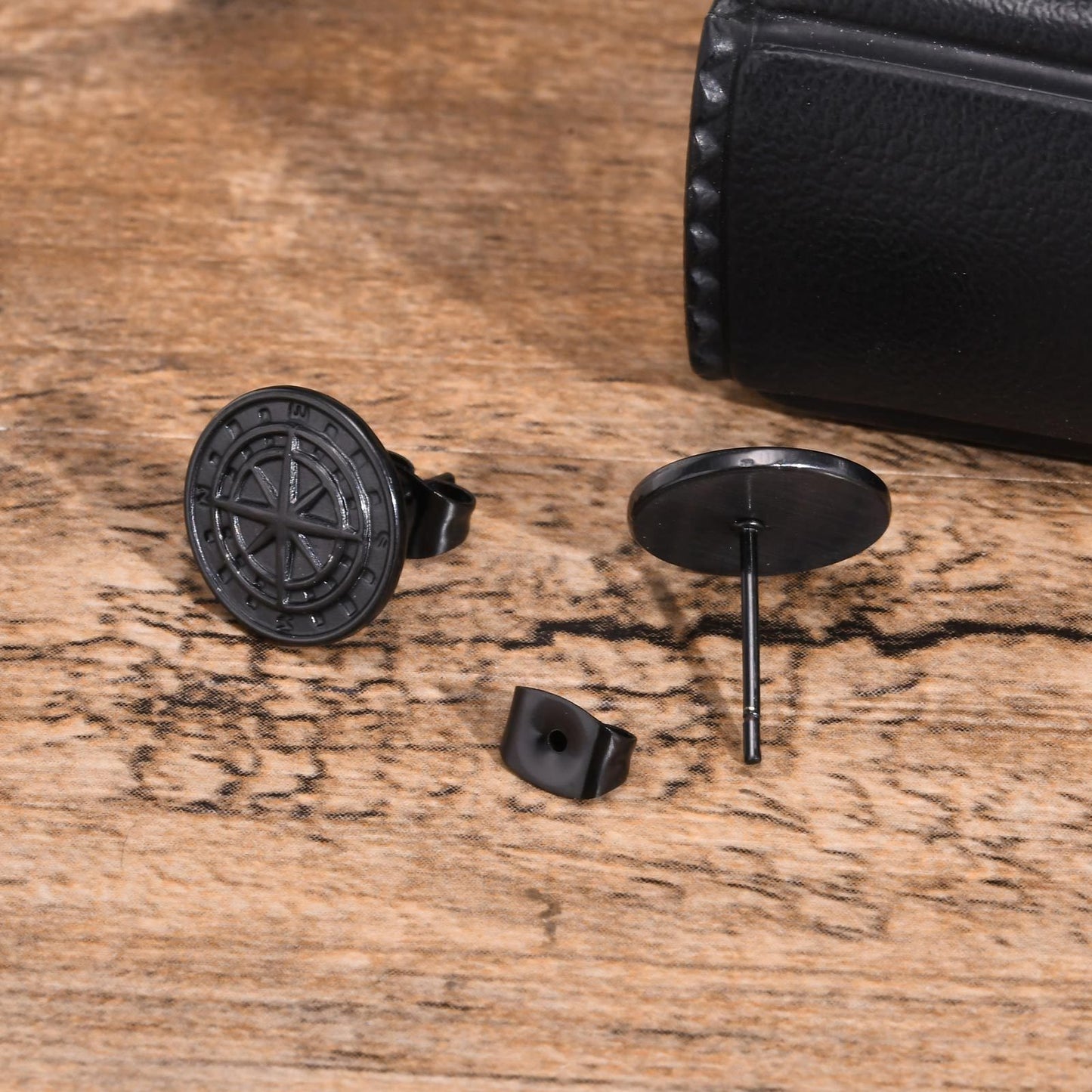 Kemstone Men’s Stainless Steel Compass Stud Earrings – Vintage Hip Hop Gold Silver Black ES-505
