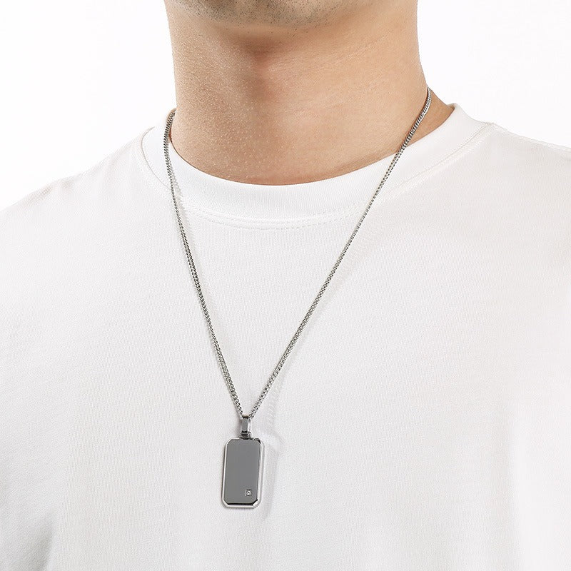 Kemstone Titanium Steel Tag Pendant Necklace for Men Minimalist Rectangular Cubic Zirconia KN301519-KFC