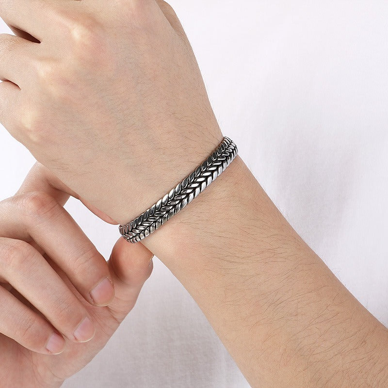 Kemstone Titanium Steel Leaf Braided Cuff Bracelet Vintage Open Style for Men KB209293-LU