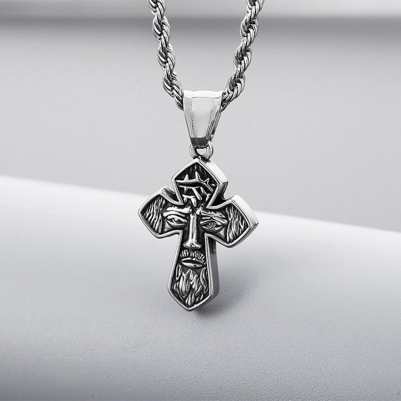 Kemstone Gothic Portrait Pendant – Titanium Steel Necklace with Crown & Turquoise Cross KP119878