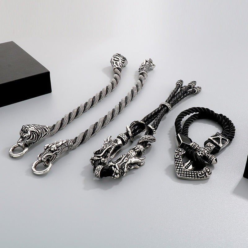 Kemstone Titanium Steel Leather Bracelet for Men Vintage Dragon Tiger Anchor Clasp KB87977-BD