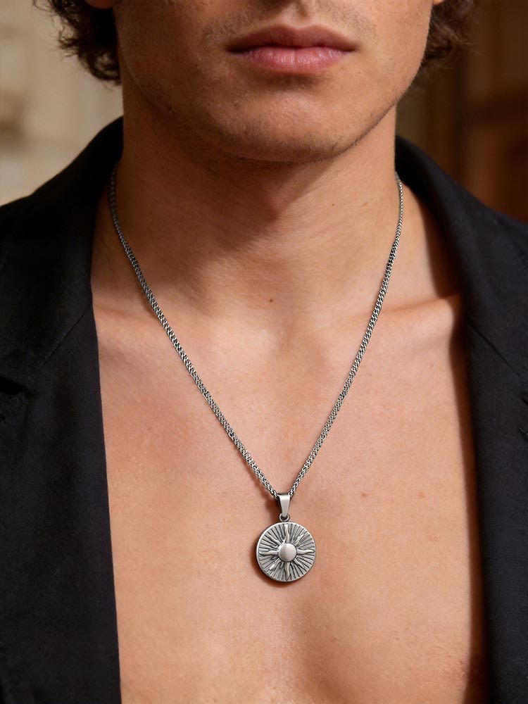 Kemstone Stainless Steel Sun Pendant Necklace for Men Round Disc Gold Silver PN-2306