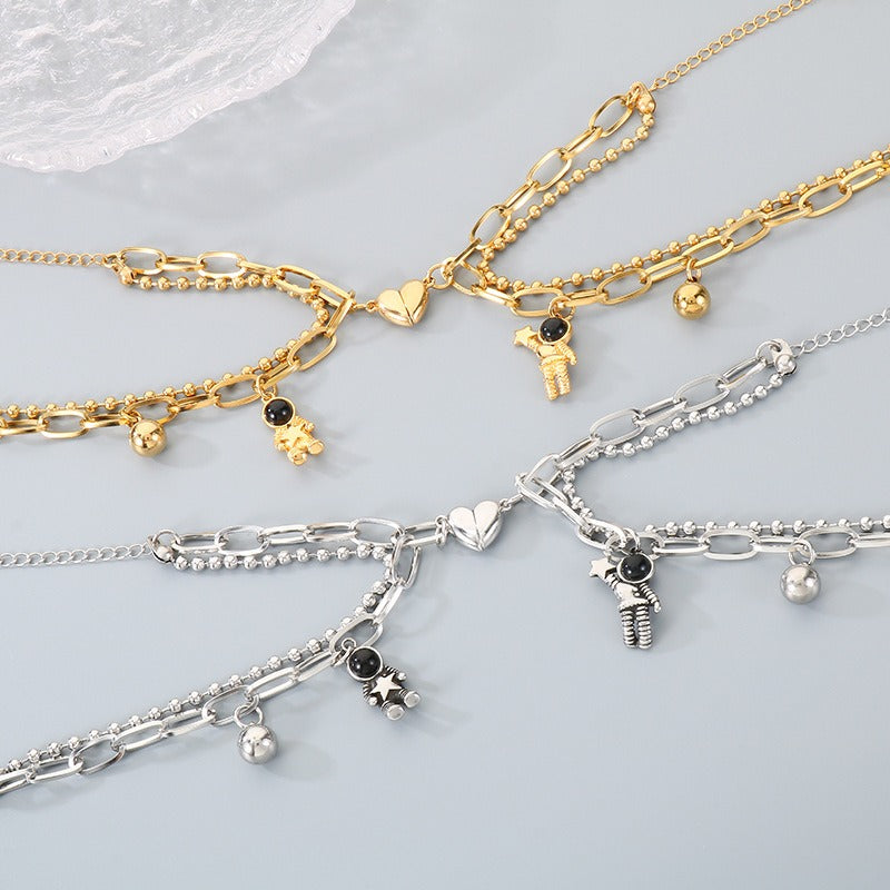 Kemstone Astronaut Magnetic Heart Couple Bracelet Titanium Steel Layered Chain for Men & Women KB208413-Z