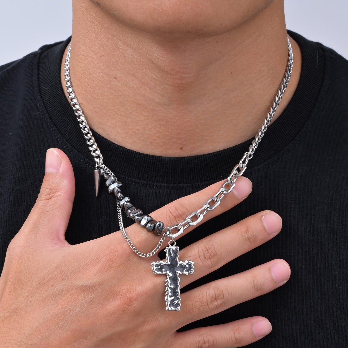 Kemstone Irregular Cross Necklace for Men Stainless Steel NC-3268