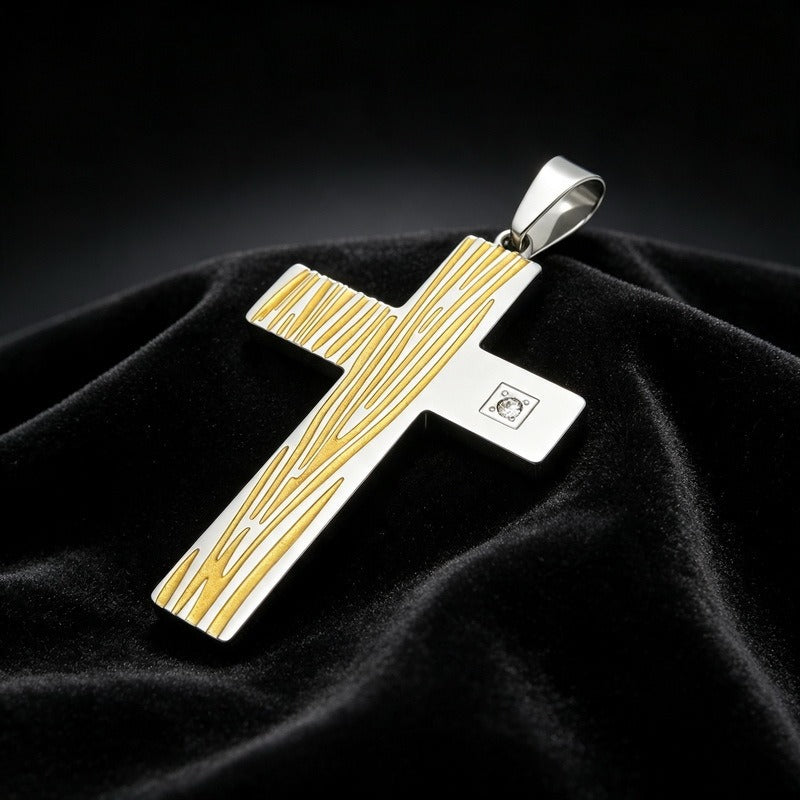 Kemstone Wood Grain Cross Pendant Necklace for Men Stainless Steel Cubic Zirconia Accent KP119491-HR
