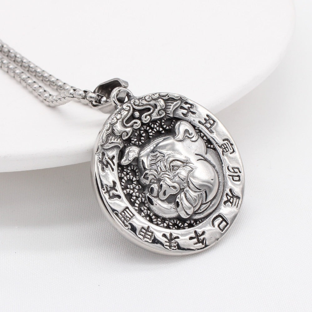 Kemston Zodiac Animal Medallion Necklace for Men Stainless Steel Vintage P0959