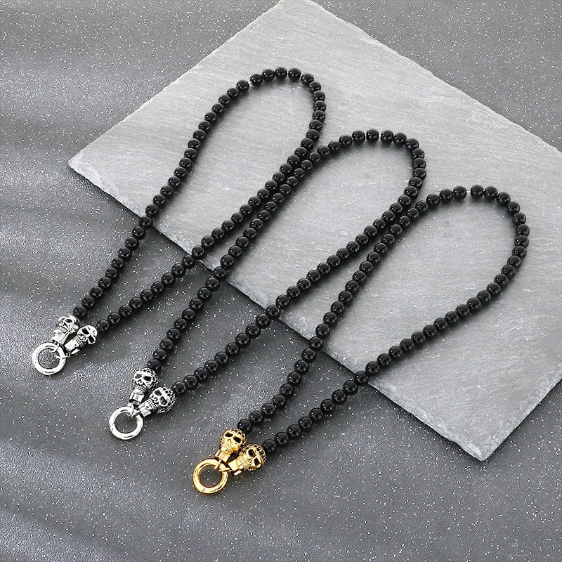 Kemstone Black Onyx Skull Bead Bracelet & Necklace – Titanium Steel with Cubic Zirconia Detail for Men B81841-BD