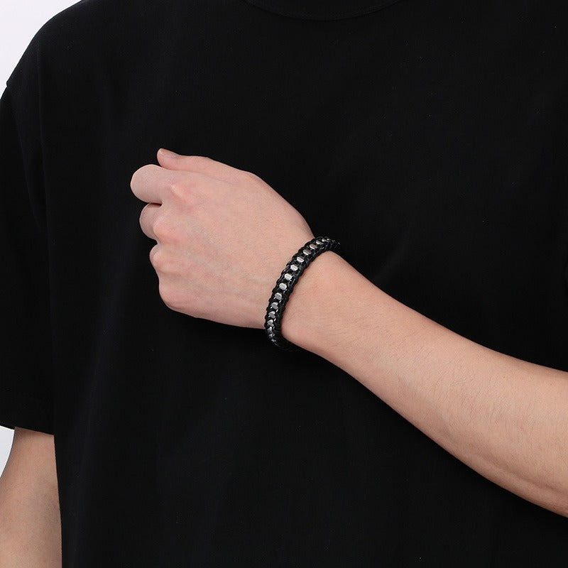 Kemstone Titanium Steel Braided Leather Strap Bracelet for Men Hip Hop Streetwear KB179967-YA