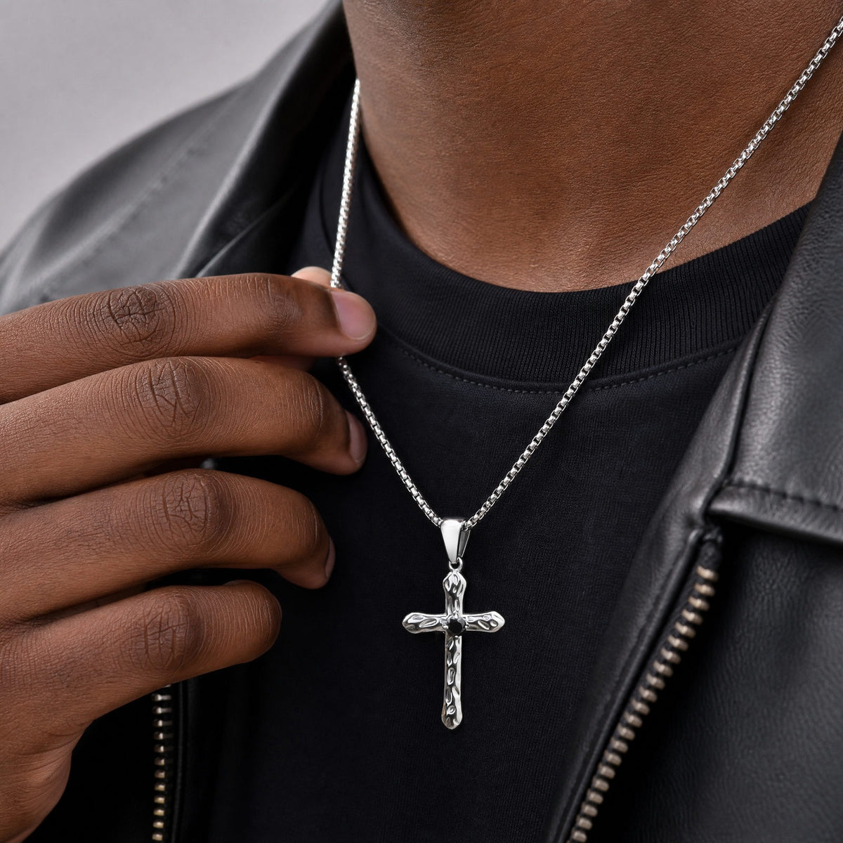 Kemstone Stainless Steel Hammered Cross Necklace for Men Cubic Zirconia Center PN-247