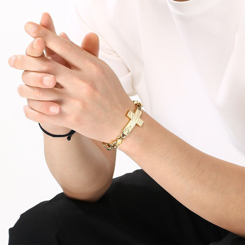 Kemstone Cross Bracelet for Men Titanium Steel Hammered Texture Gold Silver Black KB211655-KFC