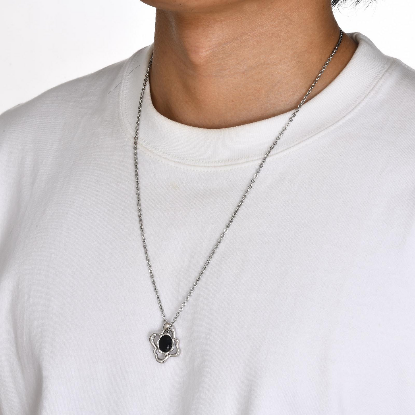 Kemstone Men’s Silver Geometric Pendant Necklace with Black Enamel PNB-192
