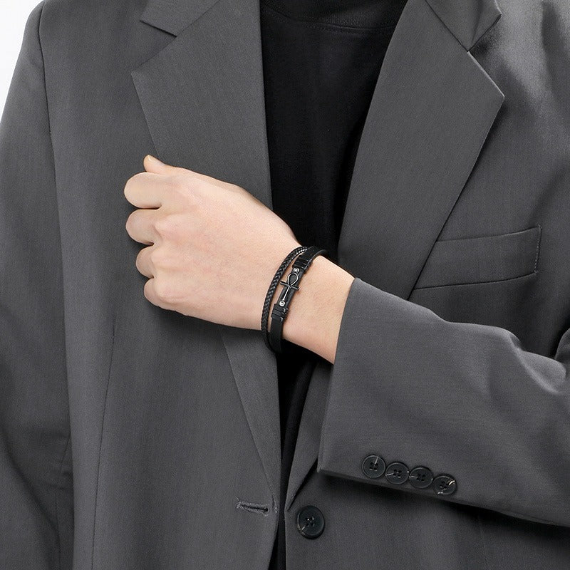 Kemstone Layered Leather Bracelet for Men Stainless Steel Cross Detail KB180738-JR