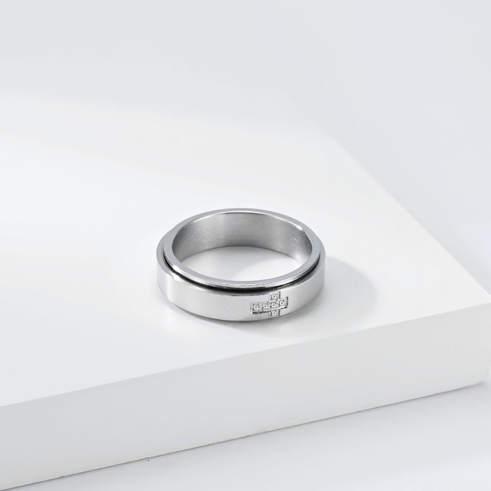 Kemston Rotating Cross Ring for Men & Women Stainless Steel Small Stone Detail K-R1220