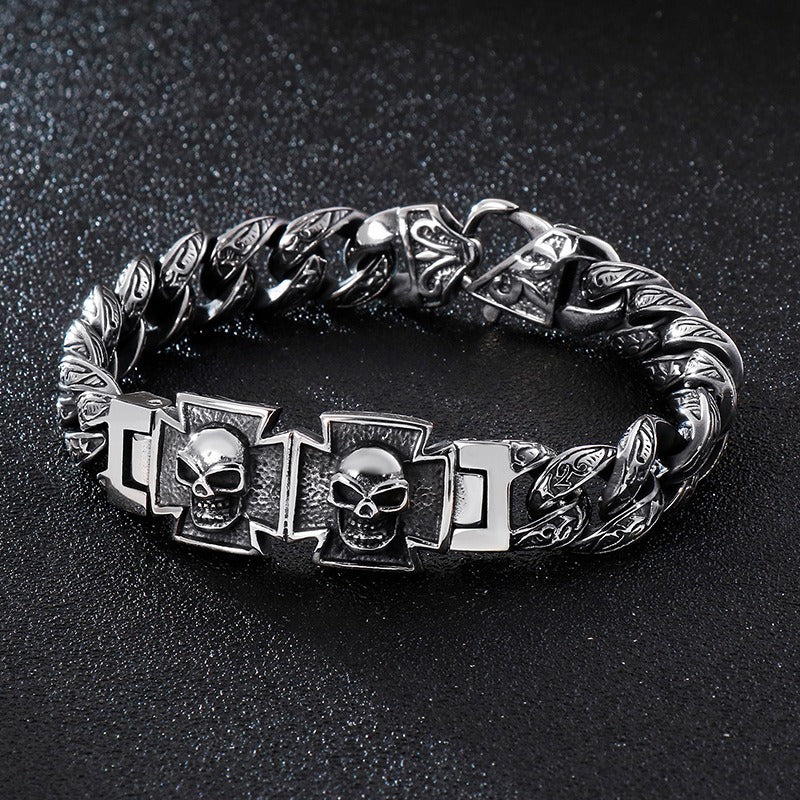 Kemstone Skull Cross Bracelet – Distressed Titanium Steel with Zircon Inlays | Gothic Punk Jewelry for Men KB112525-BD