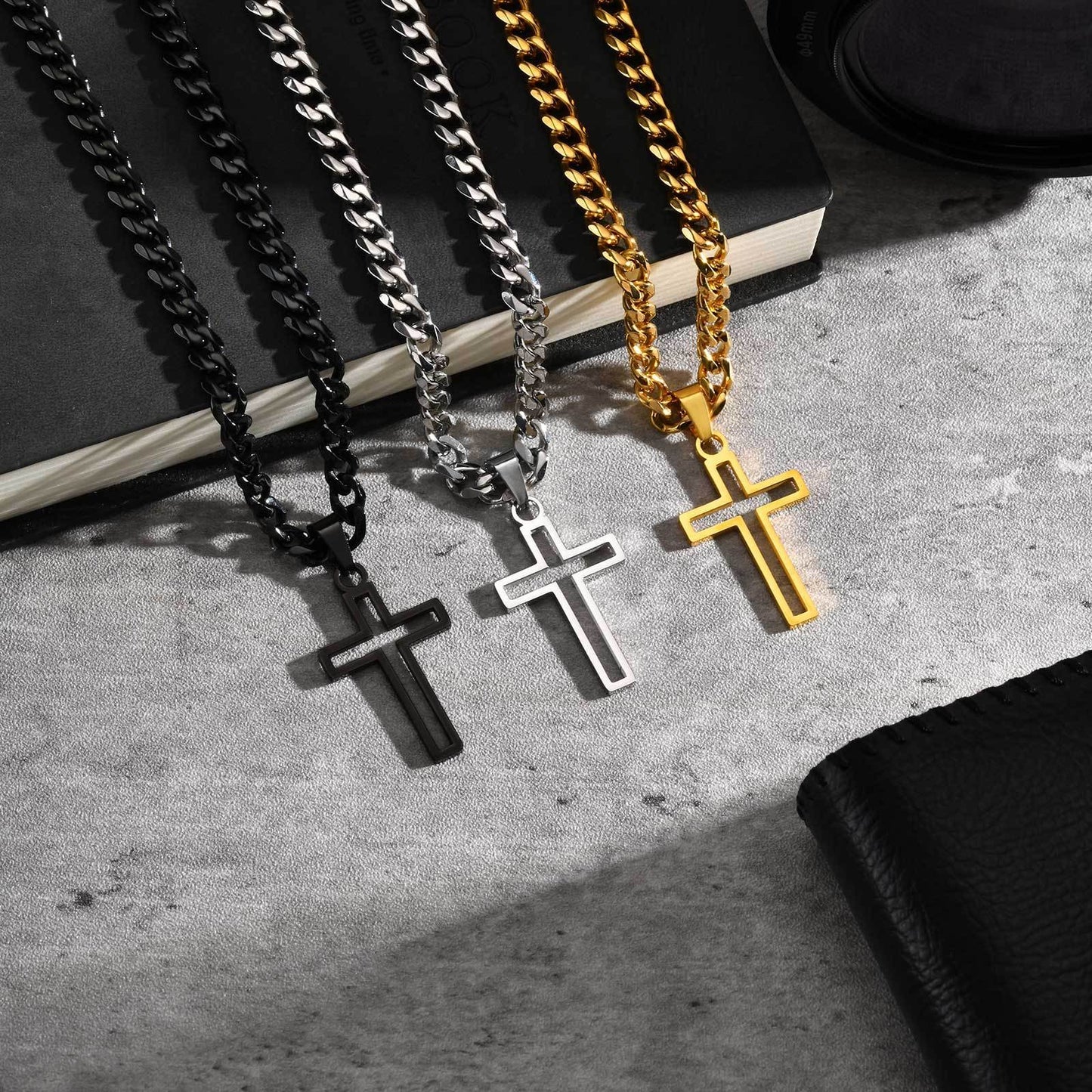 Kemstone Men’s Stainless Steel Hollow Cross Necklace – Cuban Chain PN-1531