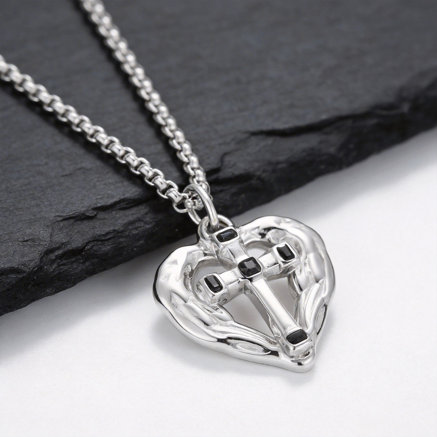 Kemstone Stainless Steel Cross Pendant Necklace for Men Women Textured Heart PN-2275
