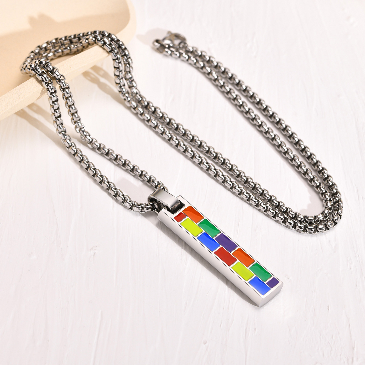 Kemstone Color Block Bar Pendant Necklace Stainless Steel Rectangle Design for Men PPN-004