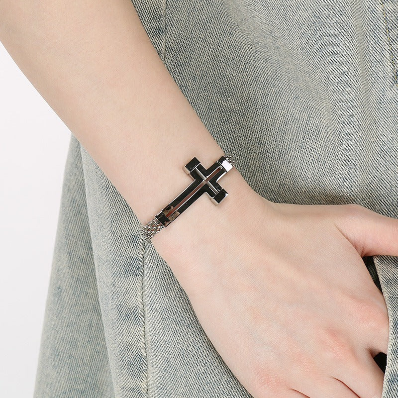 Kemstone Titanium Steel Hollow Curved Cross Bracelet for Men Adjustable Double Chain Gold Silver Black KB212800-KFC