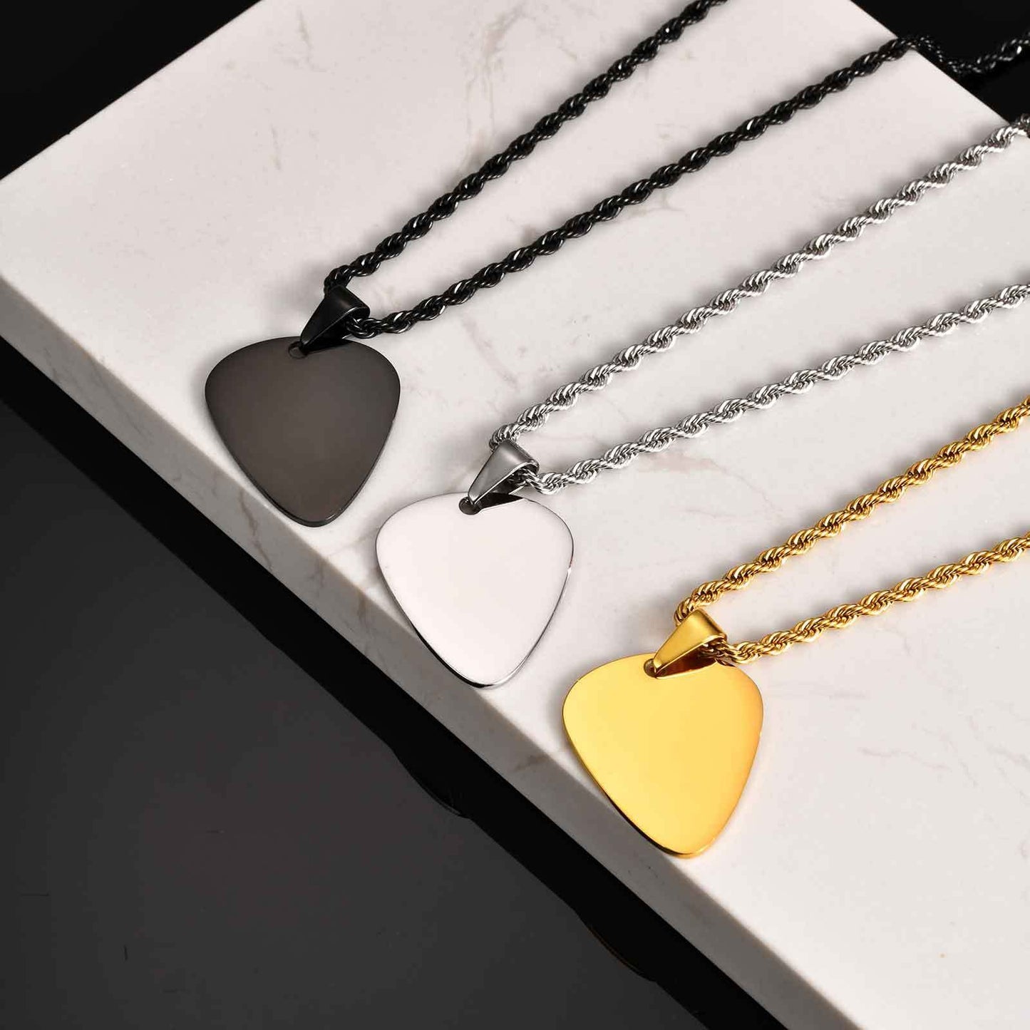 Kemstone Stainless Steel Guitar Pick Pendant Necklace – Men’s Jewelry Gold, Silver, Black PN-1843