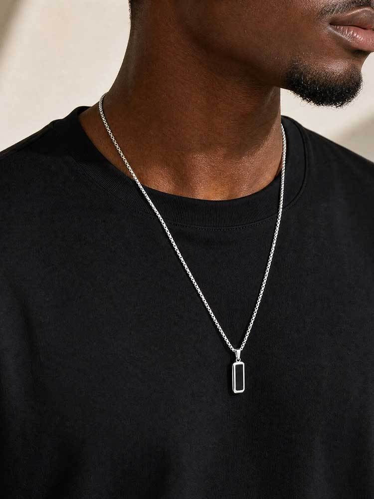 Kemston Carbon Fiber Pendant Necklace for Men Stainless Steel Black Rectangle Design PN-2319