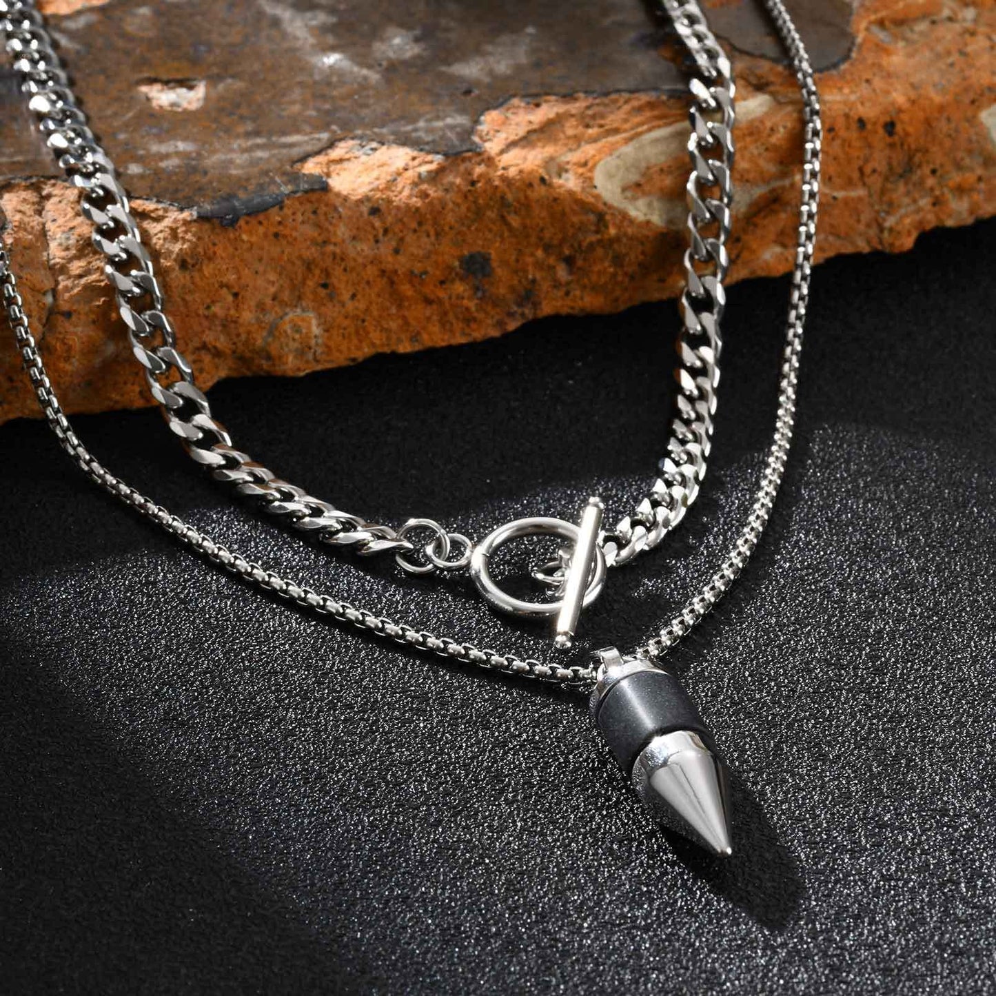 Kemstone Stainless Steel Cylinder Pendant Necklace – Stone Inlay Style for Men PN-2228