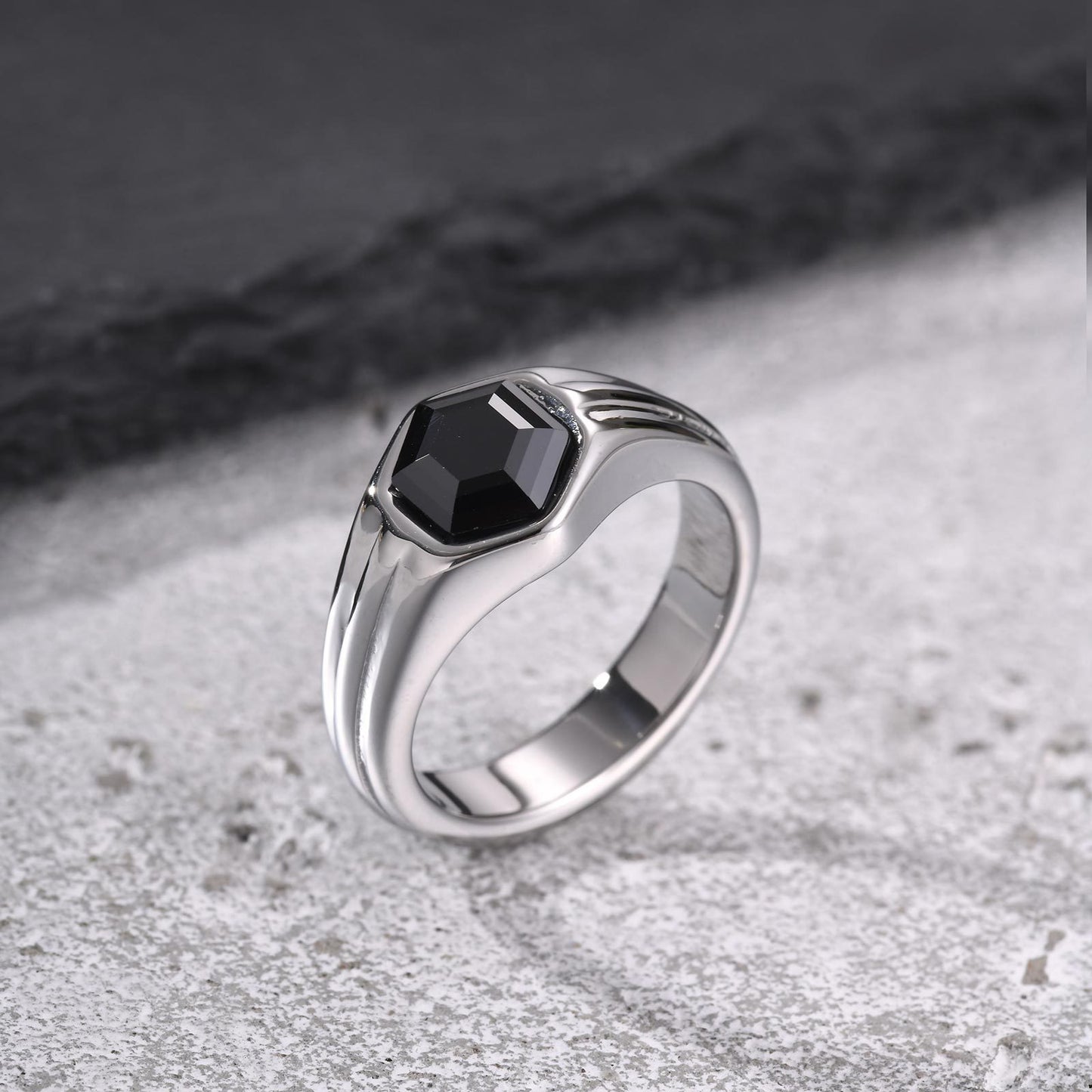 Kemstone Stainless Steel Hexagon Black Zircon Ring for Men RC-985
