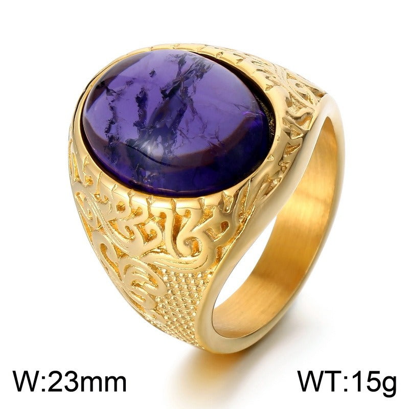 Kemstone Viking Rune Ring – Cracked Stone Titanium Steel Band for Men, Norse Mythology Gothic Style KR110138