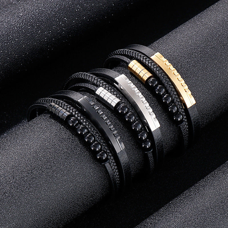 Kemstone Multi-Layer Braided Leather Bracelet for Men Beaded Titanium Steel KB147788-KLHQ