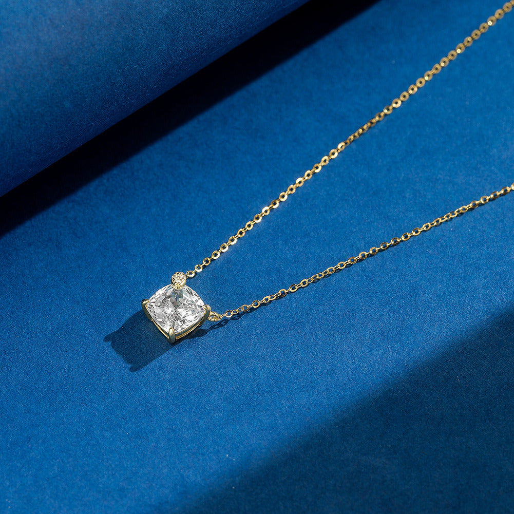 Kemstone 925 Sterling Silver Cushion Cut CZ Pendant Necklace for Women, 8mm Dainty Gold Plated Clavicle Chain A4-LZN29