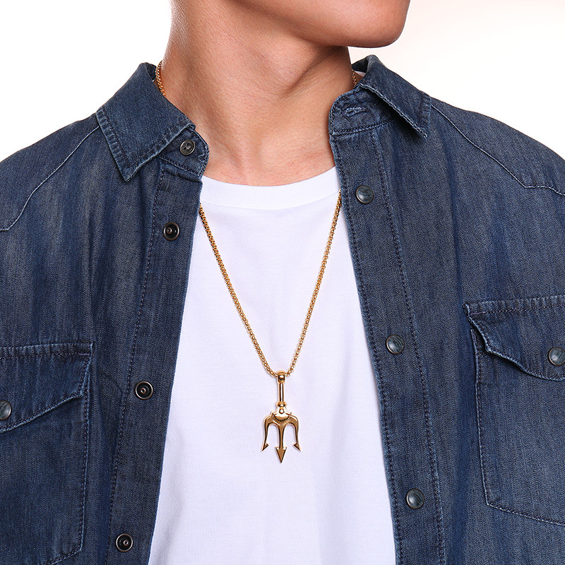 Kemstone Trident Pendant Necklace for Men Stainless Steel Vertical Symbol Gold Silver Black PN-1176