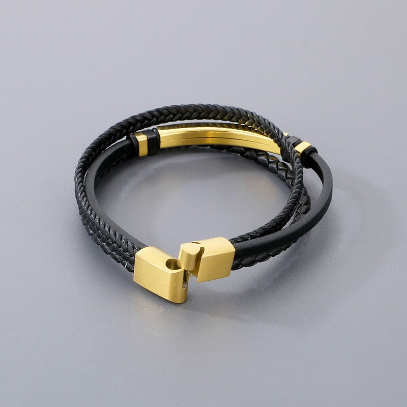 Kemstone Layered Braided Black Leather Bracelet for Men Titanium Steel Accent KB180741-JR