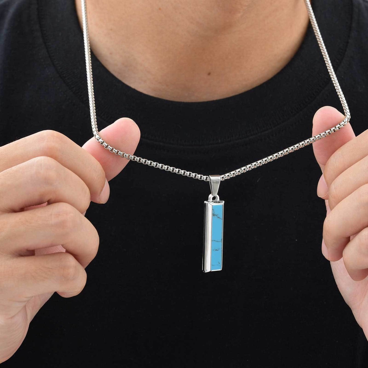 Kemstone Stainless Steel Geometric Bar Pendant Necklace for Men with Onyx or Turquoise PN-2221
