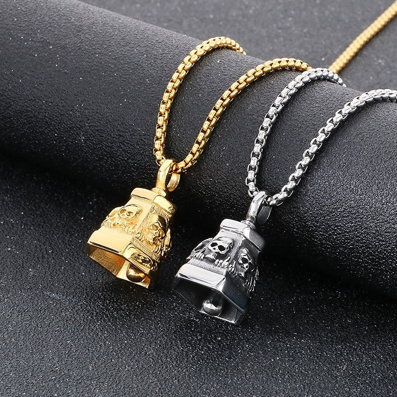 Kemstone Titanium Steel Skull Bell Pendant Necklace for Men Hexagon Gothic Silver Gold KP115582-KJX