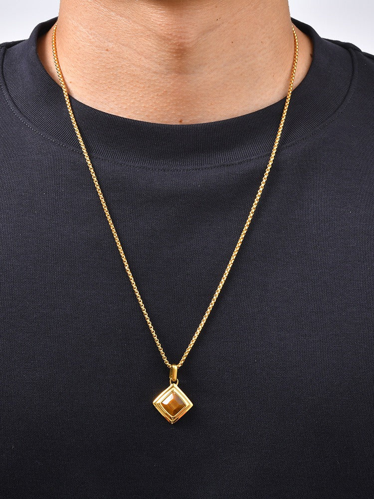 Kemston Tiger Eye Square Pendant Necklace for Men Stainless Steel Geometric Stone Design PN-2436