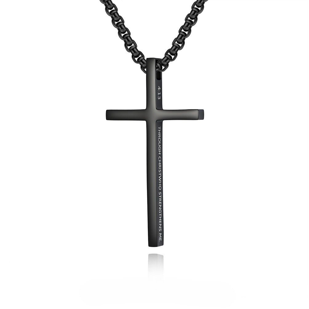 Kemstone Stainless Steel Engraved Cross Pendant Necklace for Men Minimalist Bar Chain K-PT670