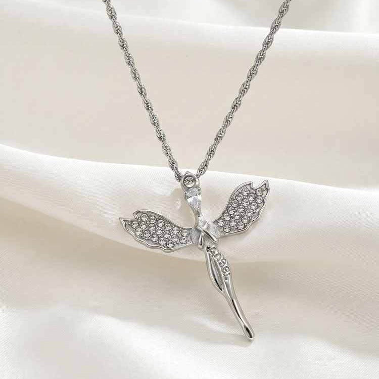 Kemston Stainless Steel Angel Wing Cross Pendant Necklace for Men Women PN-2404