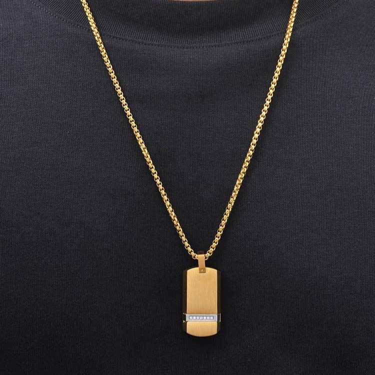 Kemstone Black Rectangular Pendant Necklace for Men Stainless Steel Cubic Zirconia Detail Punk Style PN-240