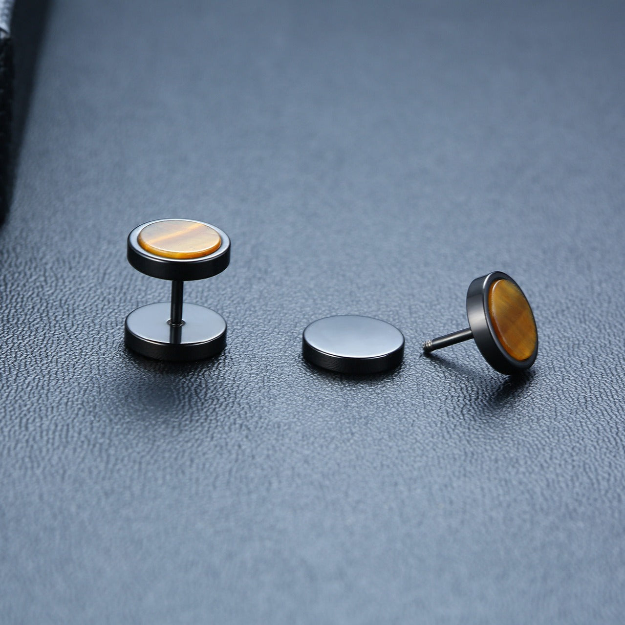 Kemstone Stud Earrings for Men Stainless Steel Round Stone Detail Black ES-302